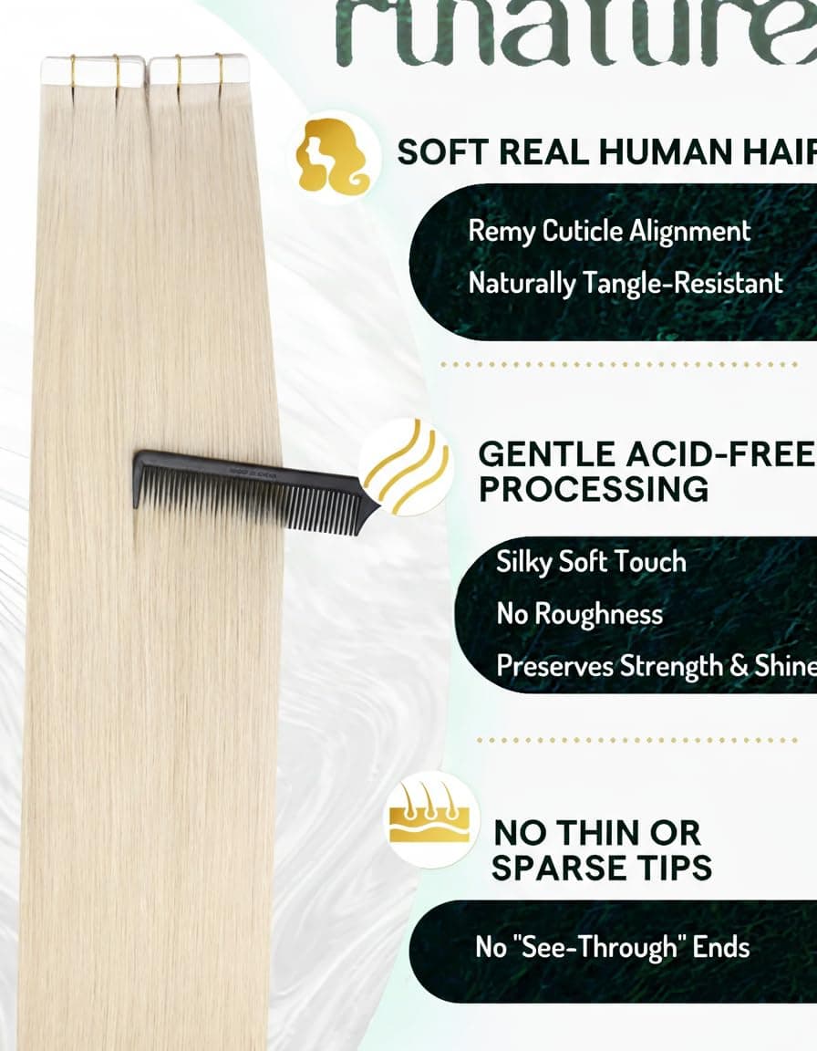 RUNATURE Blonde Tape Hair Extensions Real Human Hair Tape in Hair Extensions Human Hair Invisible Tapes Remy Straight White Blonde Hair 20pcs 50g 18 Inch #800 — view 2
