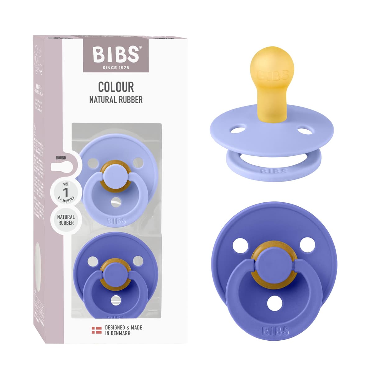 BIBS Colour Soother 2-Pack, BPA Free Dummy Pacifier, Round Nipple. Natural Rubber Latex, Size 2 (6-18 Months), Sky Blue/Steel Blue — view 106