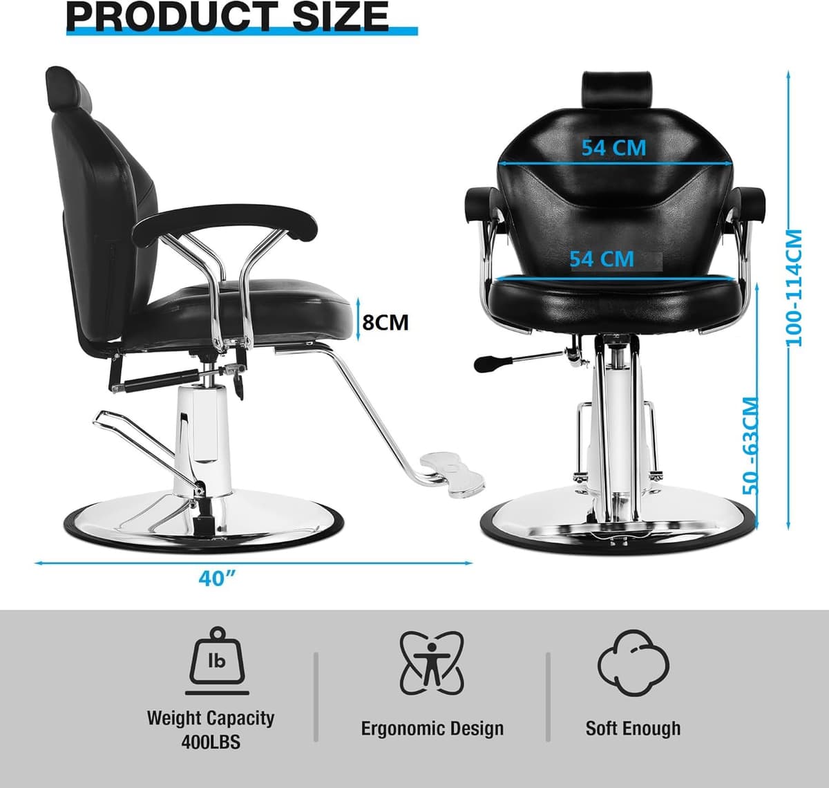 Silla de peluquería Sillón Profesional Silla Barberia Giratoria 360°con Altura Regulable Reposacabezas Ajustable y Reposapiés para Salón de SPA y Belleza, Barbería, Carga 150 kg (Negro) — view 3