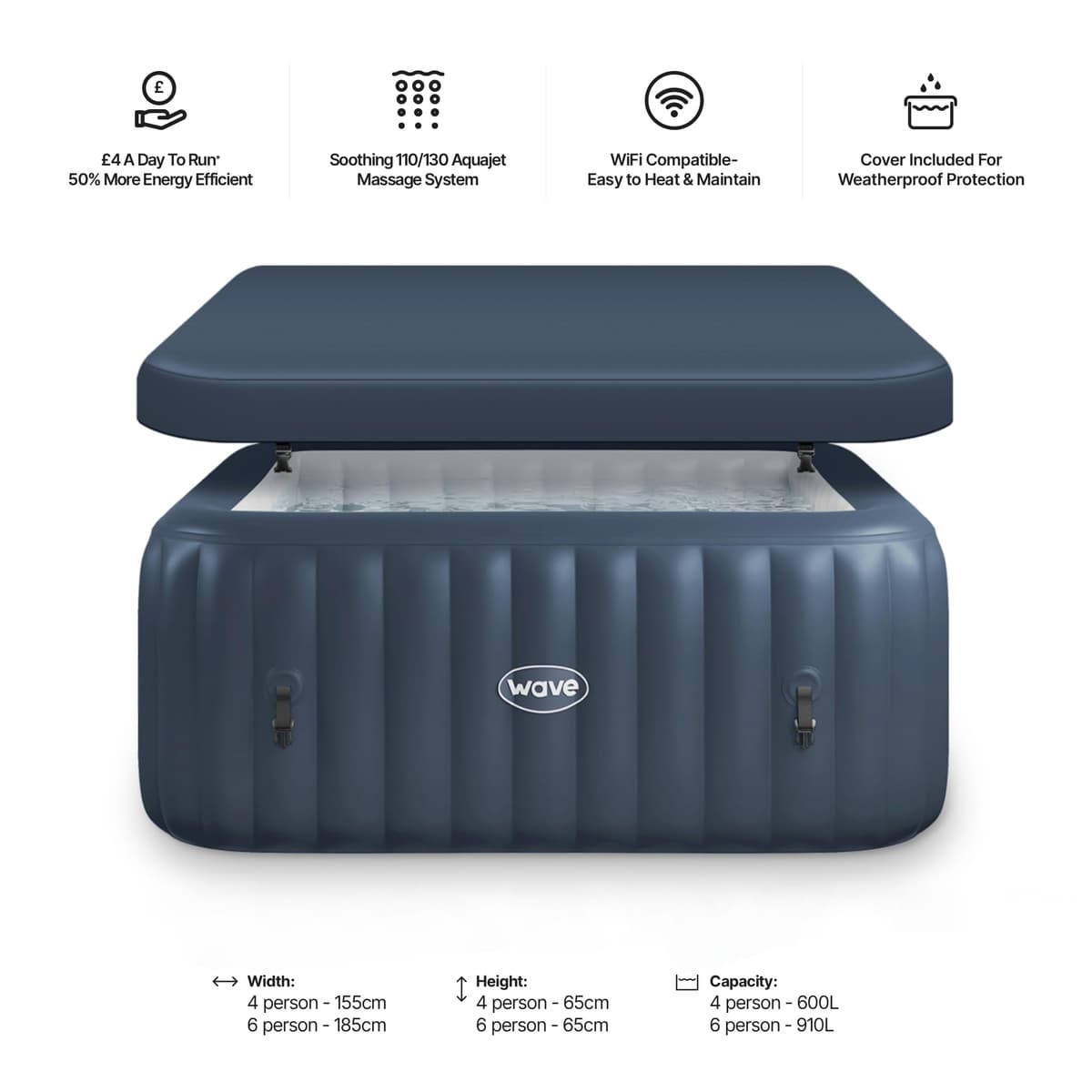Wave Pacific 4-6 Person Inflatable Hot Tub | Integrated Eco Heater | 110/130 Aquajet Massage System | Anti-Freeze Protection | Quick 15-Minute Setup (Navy, 6 Person | EnergySave Bundle) — view 5