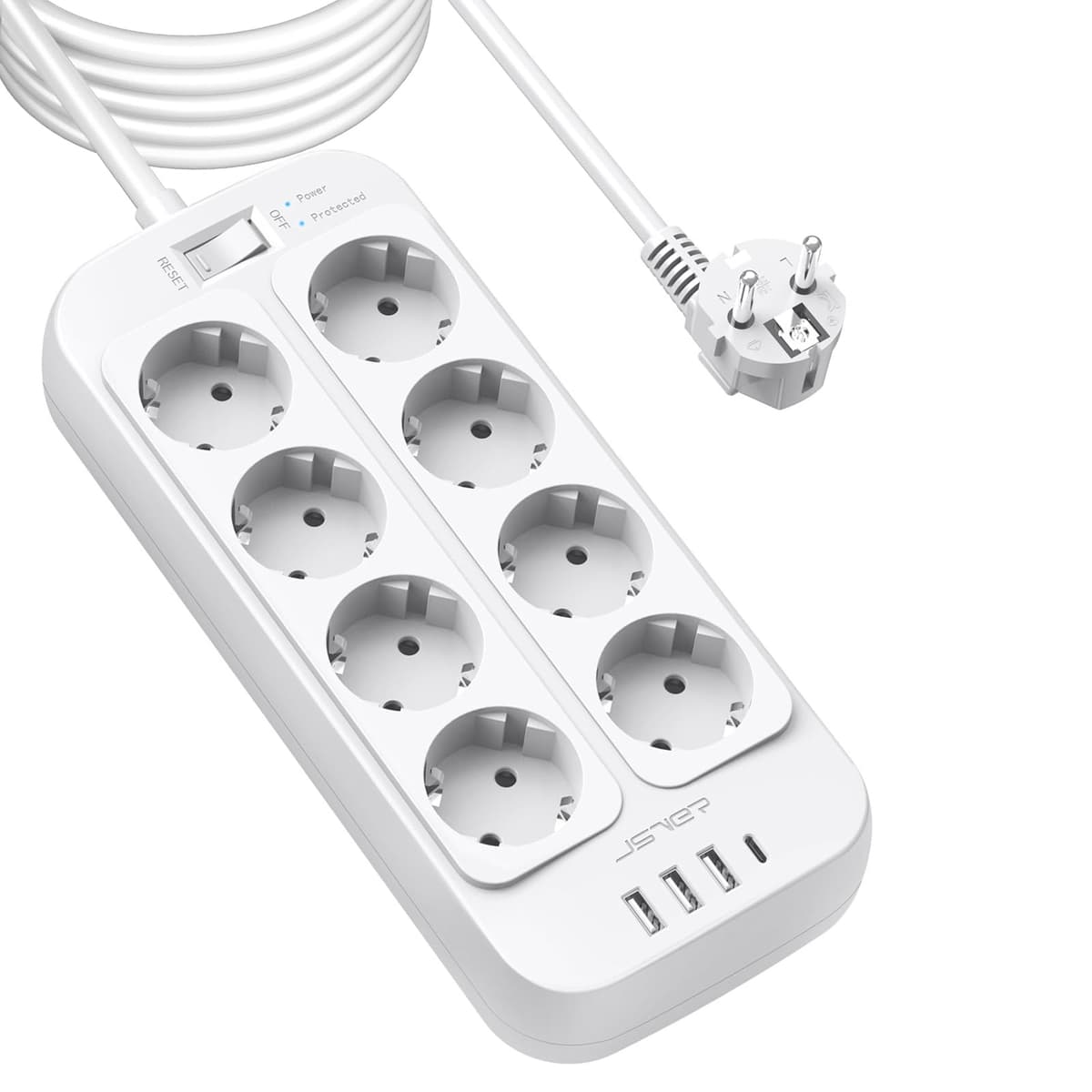 JSVER Regleta Enchufes USB, Proteccion Sobretension con 8 Toma de Corriente y 4 Puertos(5V3,4A) Estación de Carga Inteligente Tomas Alargadora con Cable 1.8m-Negro — view 14