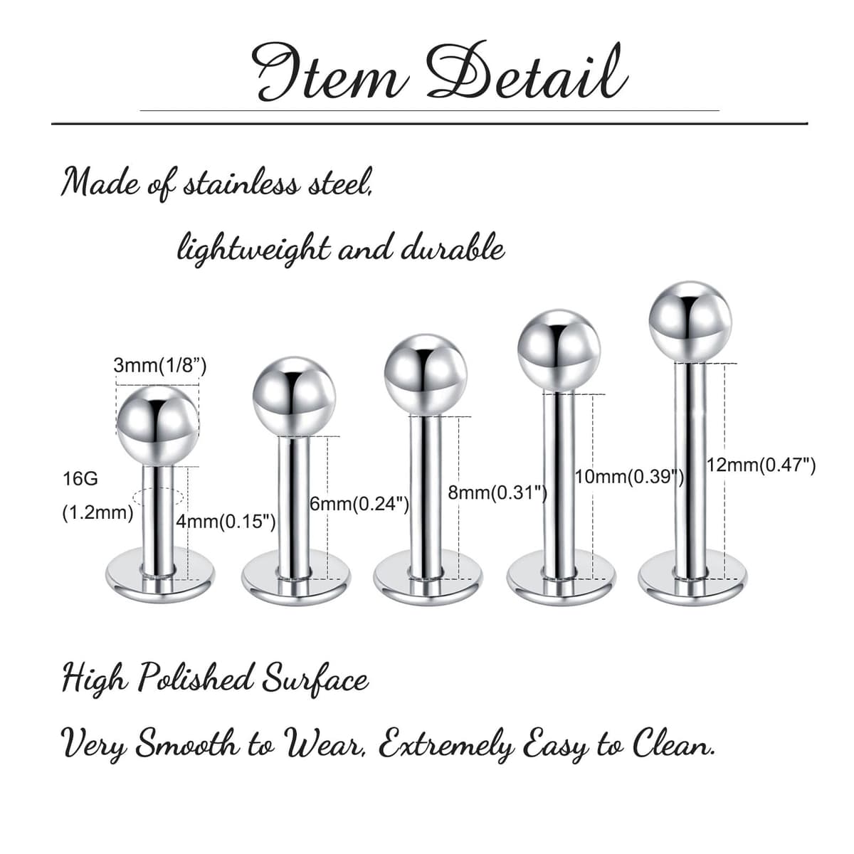 Besyvvin Lip Bars Labret Studs 16G Stainless Steel Plastic Flat Back Helix Tragus Cartilage Earring Stud 4-12MM Monroe Medusa Piercing Jewellery Silver Gold — view 2