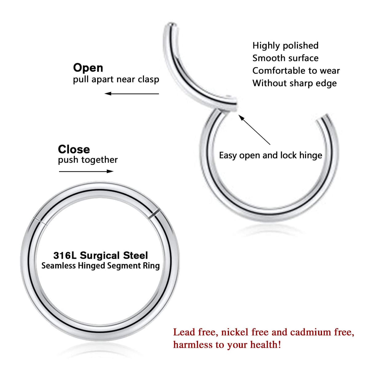 AROWRO 316L Surgical Steel Hinged Nose Rings Hoop 20G 18G 16G 14G 12G 10G 8G 6G 4G Seamless Piercing Rings for Nose Septum Cartilage Helix Tragus Conch Rook Daith Lobe Diameter 6mm to 14mm — view 4