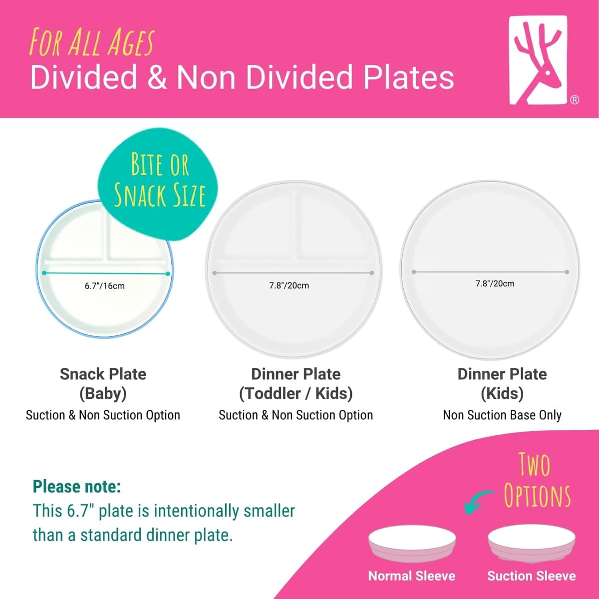 Elk and Friends Kids 6.7” Porcelain White Divided Plates with Silicone Sleeves | Suitable for Babies/Toddlers | Microwave & Dishwasher Safe | Non Slip Dinnerware | Snack Dishes | 4 Pack — view 5