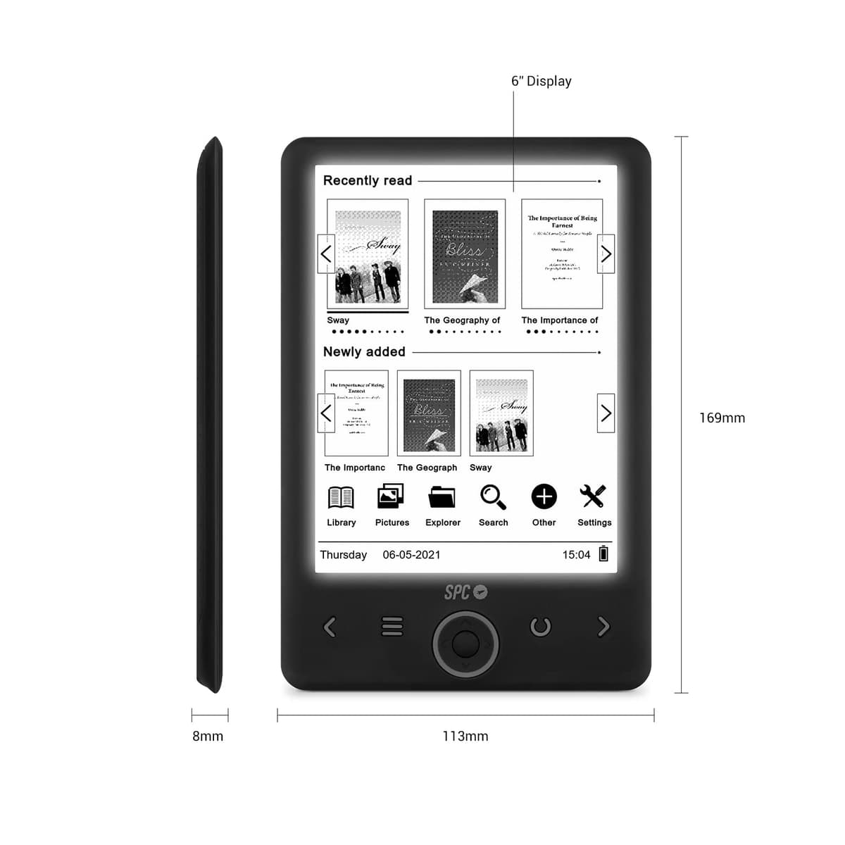 SPC Dickens Light 2 - Libro electrónico con Pantalla retroiluminada y luz con 6 Niveles de Intensidad, Teclas Frontales, posición Vertical y Horizontal, 1 Mes de autonomía, Ligero y Fino, Color Negro — view 3