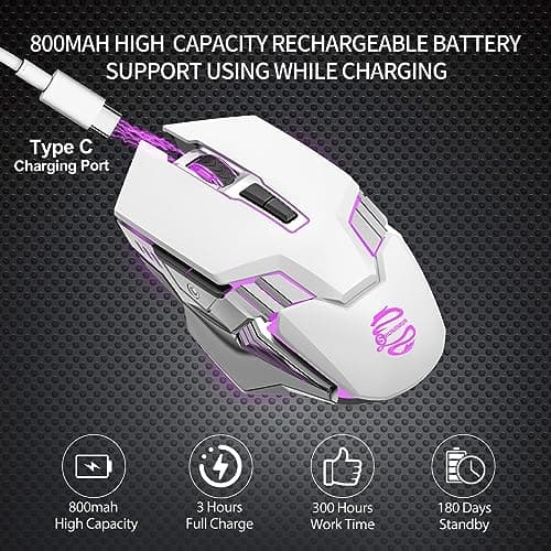 Wireless Mouse Gaming Bluetooth Mouse, Quiet Click, 800mAh Durable Rechargeable Battery, Multi Device, 7 Buttons,Light up Computer Mice for Laptop PC iPad Tablet MacBook Office Gamer - White — view 2