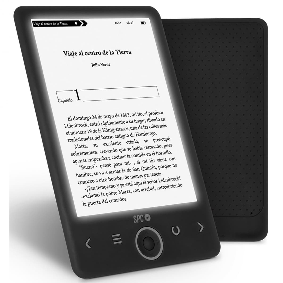 SPC Dickens Light 2 - Libro electrónico con Pantalla retroiluminada y luz con 6 Niveles de Intensidad, Teclas Frontales, posición Vertical y Horizontal, 1 Mes de autonomía, Ligero y Fino, Color Negro