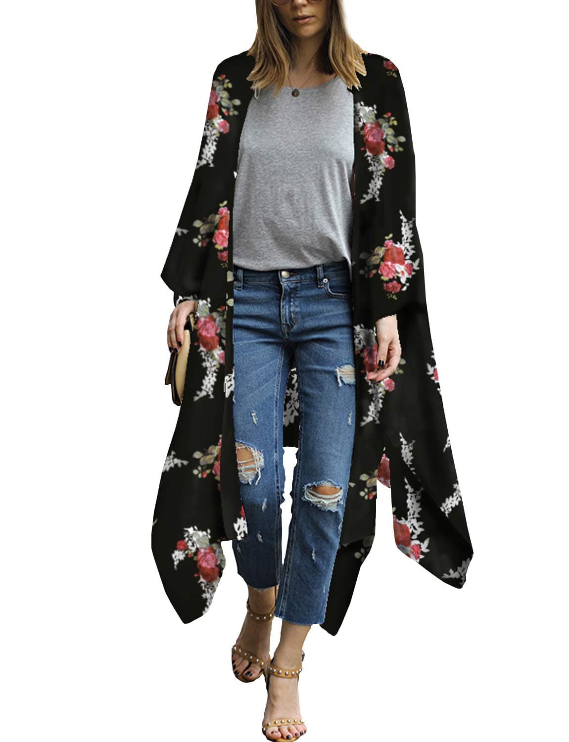 MayBuy Women's Summer Long Flowy Kimono Cardigans Boho Chiffon Floral Beach Cover Up Tops — view 24