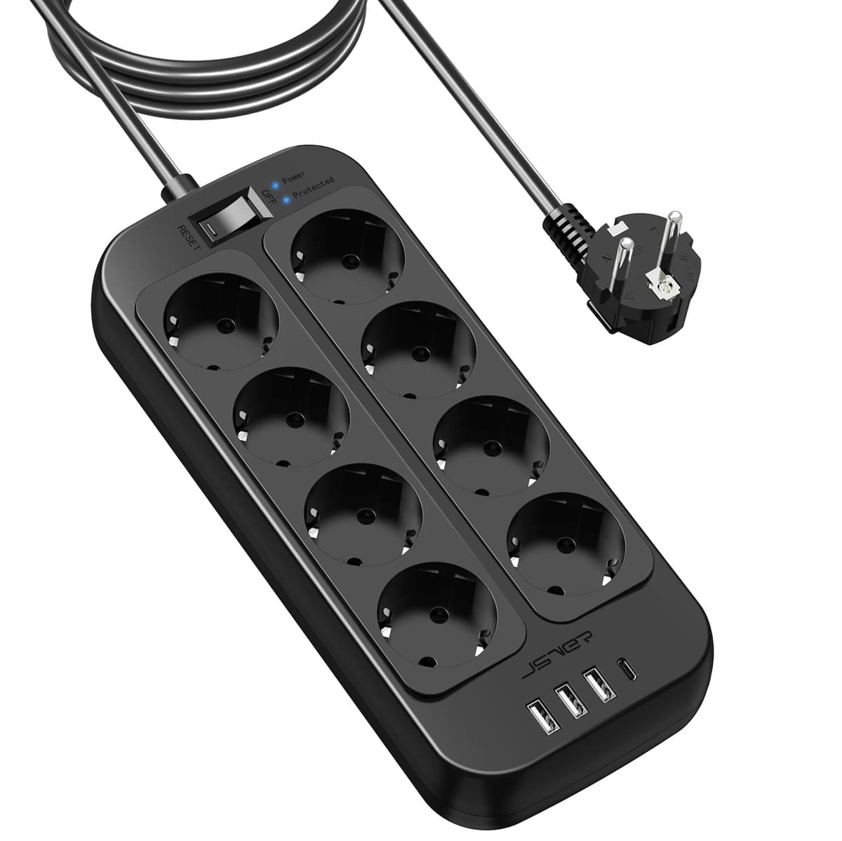 JSVER Regleta Enchufes USB, Proteccion Sobretension con 8 Toma de Corriente y 4 Puertos(5V3,4A) Estación de Carga Inteligente Tomas Alargadora con Cable 1.8m-Negro — view 11