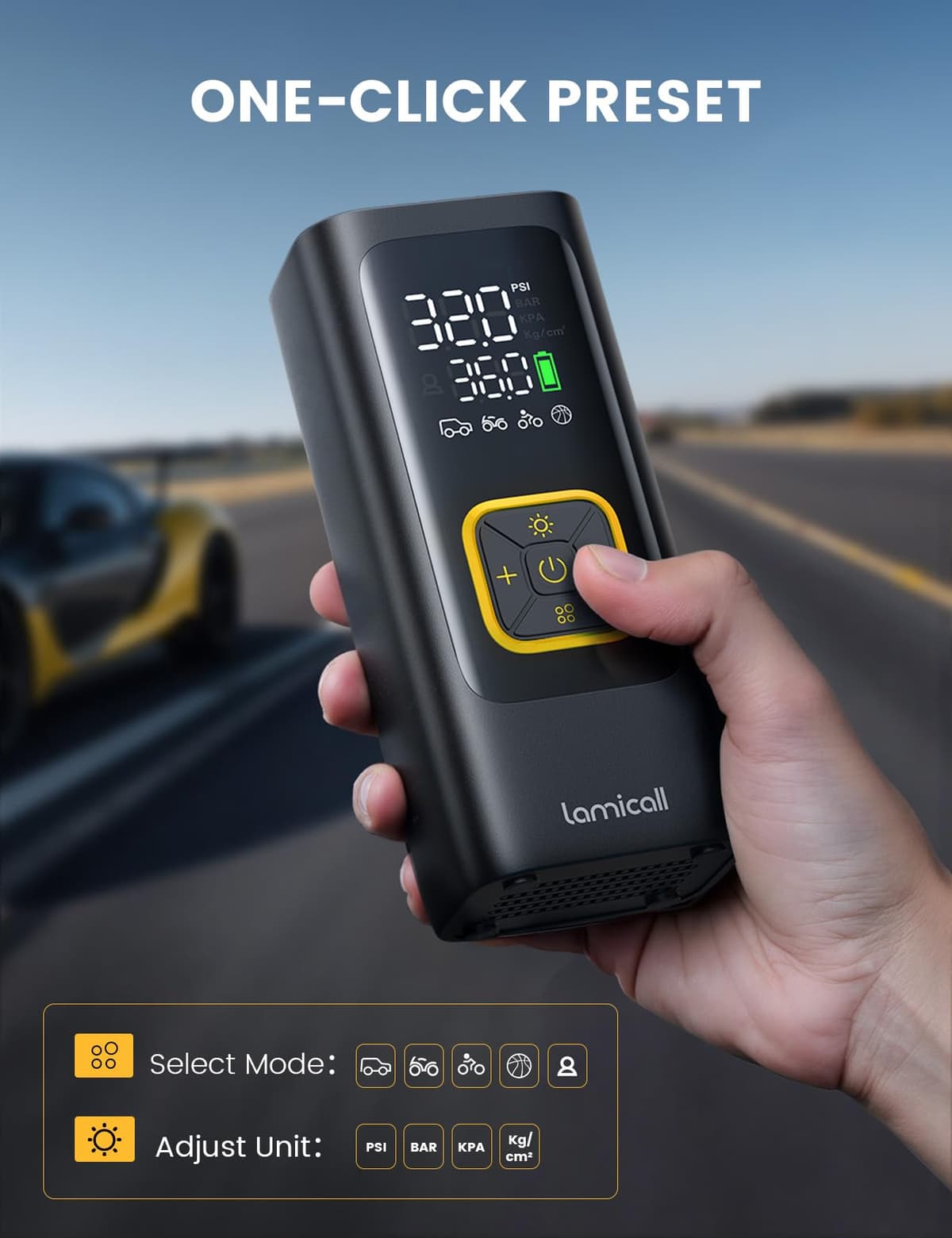 Lamicall Tyre Inflator Cordless Compressor - [6000mAh High-Capacity Battery] 150PSI Electric Air Pump with Digital Pressure Gauge & Auto Shutoff, Portable Pump with LED Light for Car Bike Motorcycle — view 5