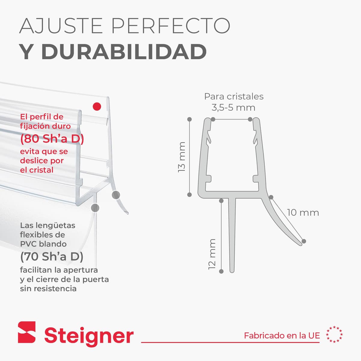 STEIGNER Junta mampara ducha UK13 90 cm (1 ud.) transparente - Junta vertical para ducha angular o pentagonal con puerta 3,5-5 mm - Protección contra fugas, Ajuste perfecto, Fácil instalación — view 5
