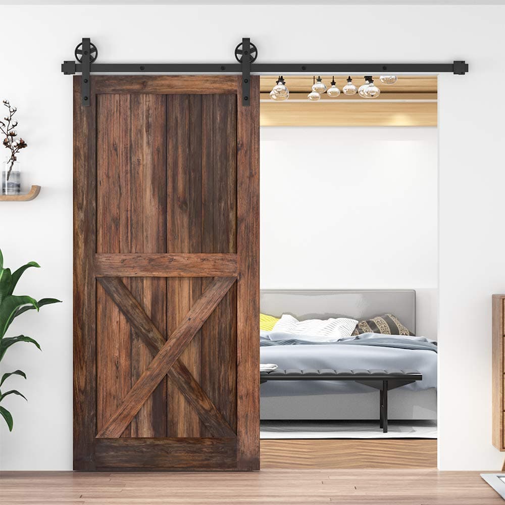 WINSOON 200cm Herrajes para puertas corredizas de granero de madera antigua Básico Negro Kit de rodillos de rueda de radios grandes Sistema de rieles de soporte para gabinete — view 2