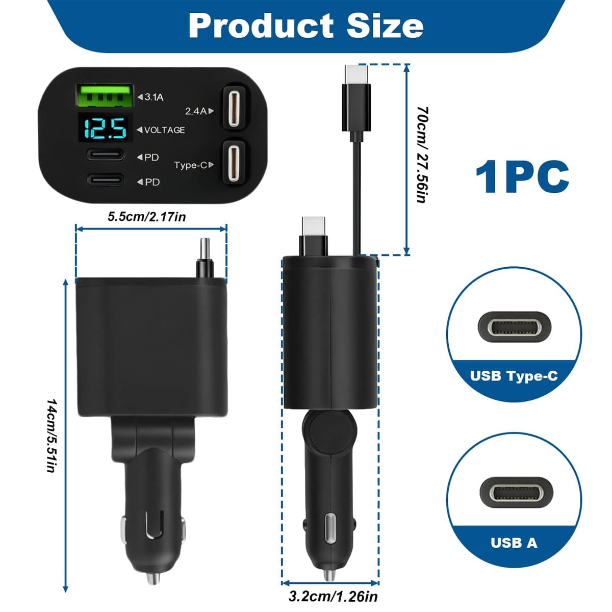 5 en 1 Cargador Coche Carga Rápida 45W Retráctil Adaptador USB Cargador Mechero QC3.0 USB-C/USB-A y Cable Retráctil Tipo C PD30W para iPhone 17 16 15 Samsung Galaxy S24 S23 S21 — view 5
