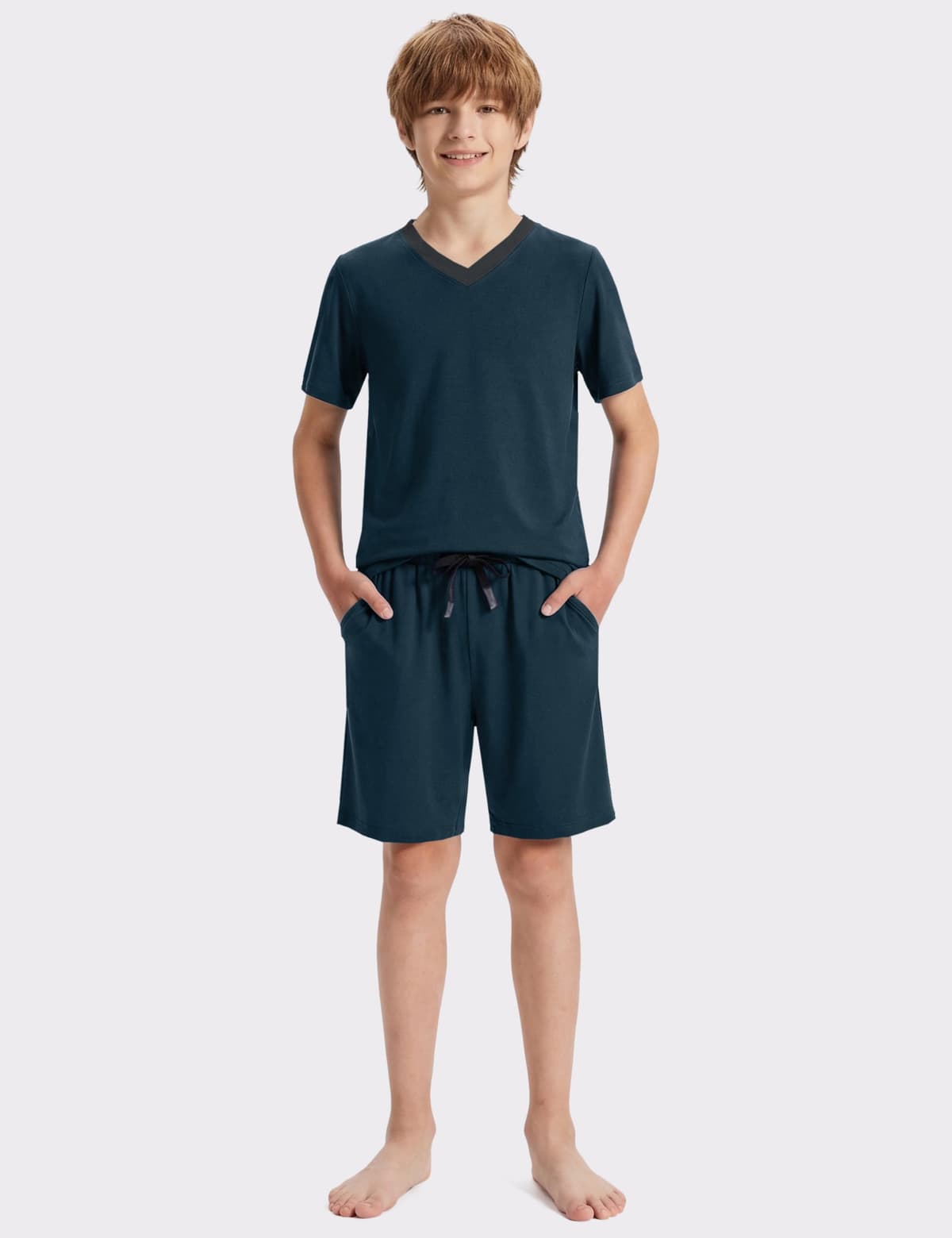 MoFiz - Pijama de niño de algodón con conjuntos de pijama corto, ropa de dormir con cuello en V, manga corta, pijama y pantalones cortos, 128 cm a 176 cm — view 2