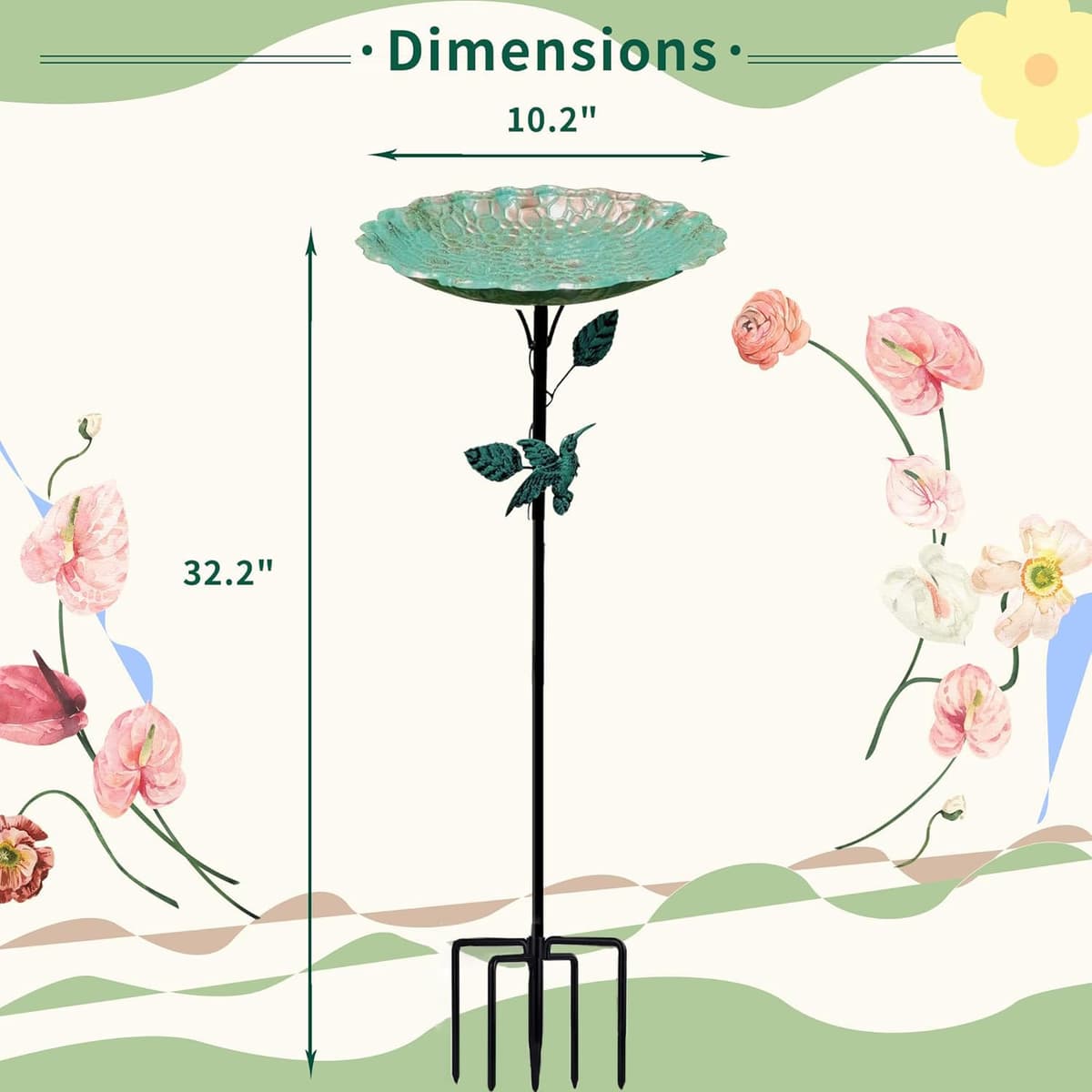 32In Bird Bath for Garden, Vintage Bird Hummingbird Baths Feeder Bowl, Freestanding Birdbaths and Supports with 5 Prongs Base Stake for Outdoors Garden Patio Yard Lawn Decor Birds Supplies — view 2