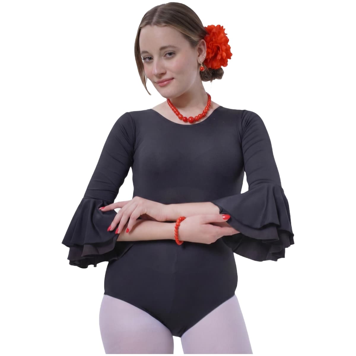 Carnavalife Body flamenco mujer negro maillot danza manga larga con volante, leotardo gimnasia ballet sevillanas, escote redondo, ribete rojo