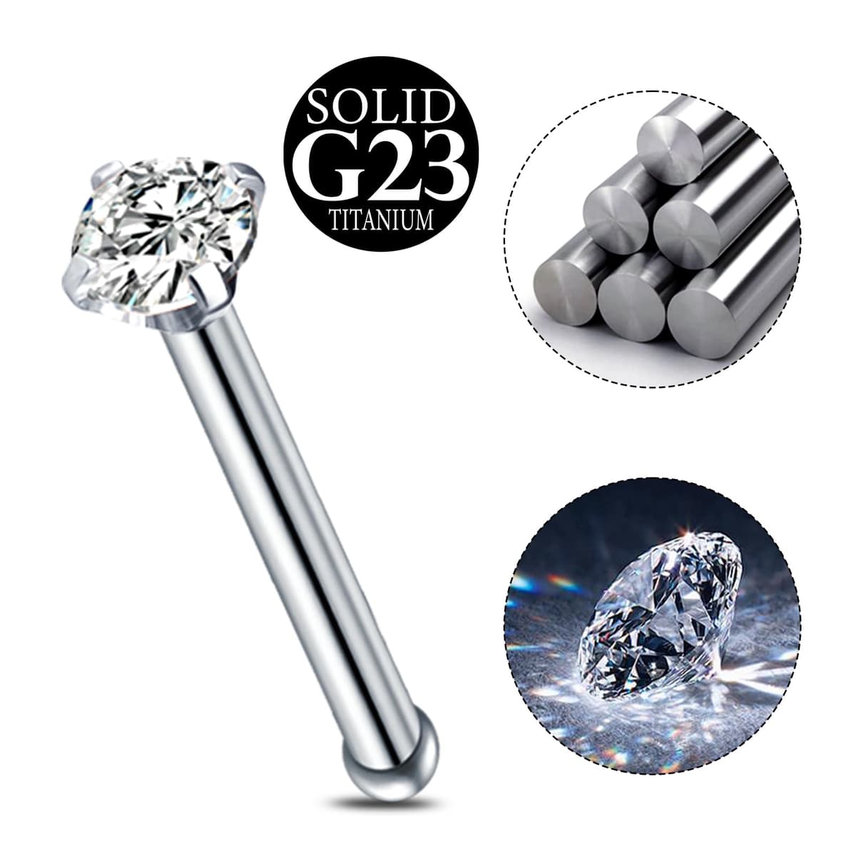 AceFun 20G piercing nariz titanio plata 1 forma G23 plata recta Piercing nariz Joyería para Mujeres Hombres plata circonio cúbico diamantes 1.5mm 2mm 2.5mm 3mm — view 3