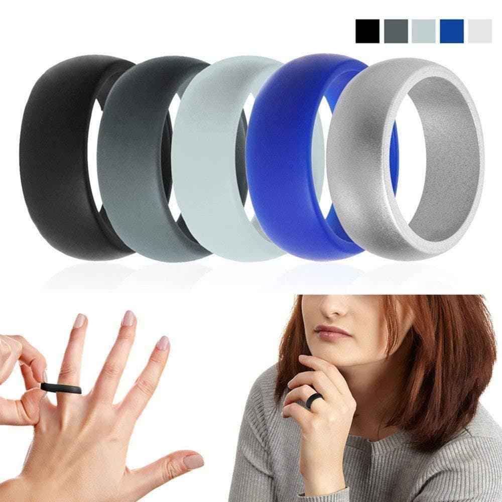 Boolavard anillo de bodas de silicona para hombres y mujeres asequible banda de goma de silicona, paquete de 7, 5 paquetes y singles - blanco, gris, plata, azul — view 5