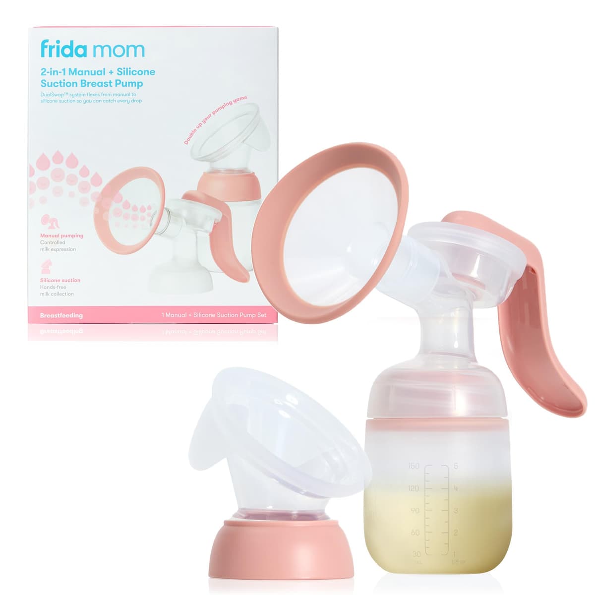 Frida Mom 2-in-1 Breast Pump: Manual Hand Pump & Hands-Free Automatic Suction Cup, Dual-Mode, Wireless Milk Collector, Ergonomic Handle, SoftFeel Flange for Breastfeeding