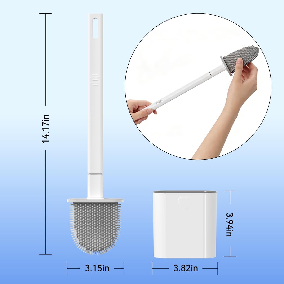 Toilet Brush, 2 Pack Bathroom Silicone Toilet Brushes and Holder Sets with No-Slip Long Plastic Handle and Soft Flexible Bristles, Toilet Brushes with holders and Base for Anti-drip (White) — view 6