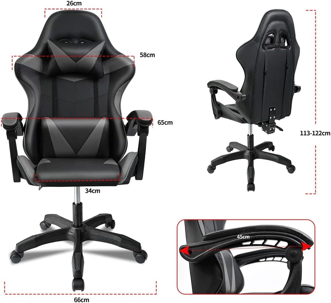 Silla Gaming Ergonómica Reclinable con Cojín Lumbar y Cervical | Altura Ajustable, Reposabrazos Acolchados, Ruedas 360° | Ideal para Oficina, Escritorio, Teletrabajo, Estudio, Juego, Ordenador — view 3