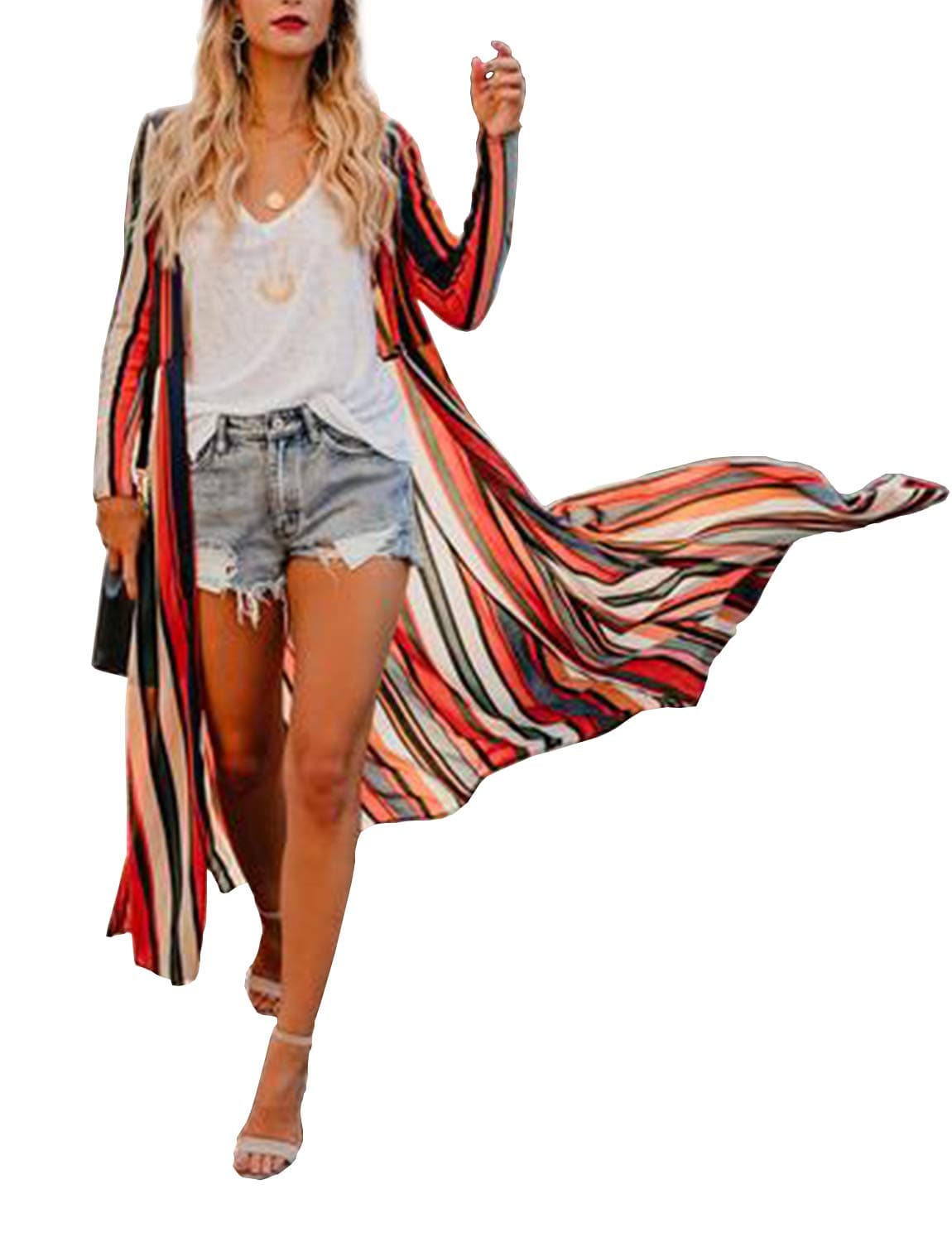 MayBuy Women's Summer Long Flowy Kimono Cardigans Boho Chiffon Floral Beach Cover Up Tops — view 34