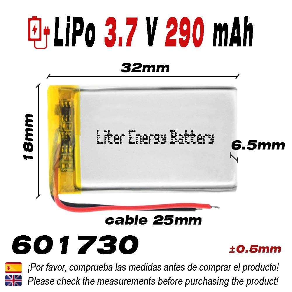 Batería 601730 LiPo 3.7V 290mAh 1.073Wh 1S 5C Liter Energy Battery para Electrónica Recargable teléfono portátil vídeo smartwatch Reloj GPS - No Apta para Radio Control 32x17x6mm (290mAh|601730) — view 3