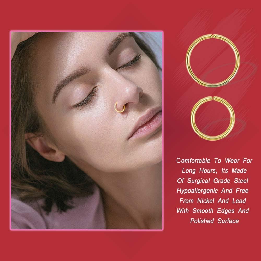 2pcs Gold Nose Ring Piercing Jewellery for Women, Nose hoops Snug and Super Snug Nose Ear Lip ring Tragus Septum 6mm+ 8mm 20g & 22g 316L Surgical Steel Hypoallergenic — view 3