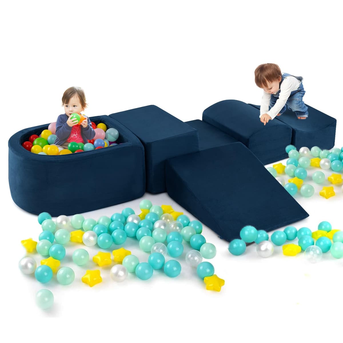 COSTWAY Juego de Escalada y Rampa de 5 Piezas, Bloque de Escalada con Piscina de Pelota Infantil, Funda Lavable a Máquina con Cremallera, Bloques de Construcción, Sin Pelotas de Mar(Marina de Guerra)