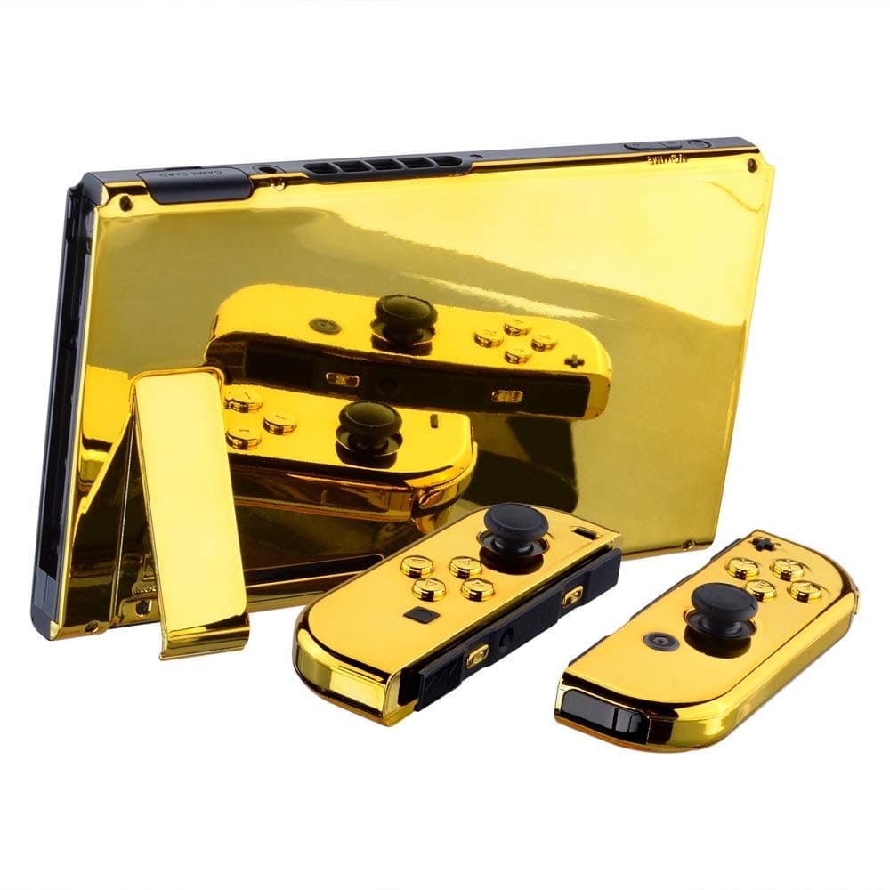 eXtremeRate Back Plate for Nintendo Switch Console, NS Joy con Handheld Controller Housing with Full Set Buttons, DIY Replacement Shell for Nintendo Switch - Chrome Gold — view 4