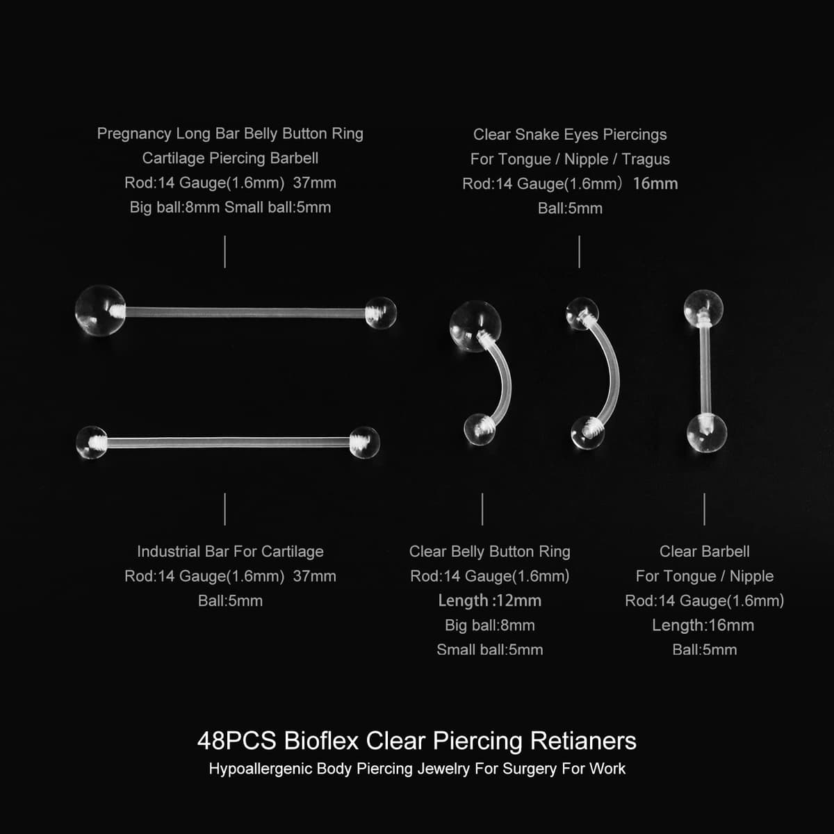 MixPiercing 48Pz Retenedores de Piercing Transparente Nariz Plástico Lengua Pezón Arete Labio Labret Aros De Ceja Cartílago Pulpa Trago Retenedor De Oreja Cirugía Para Quirofano Trabajo — view 4
