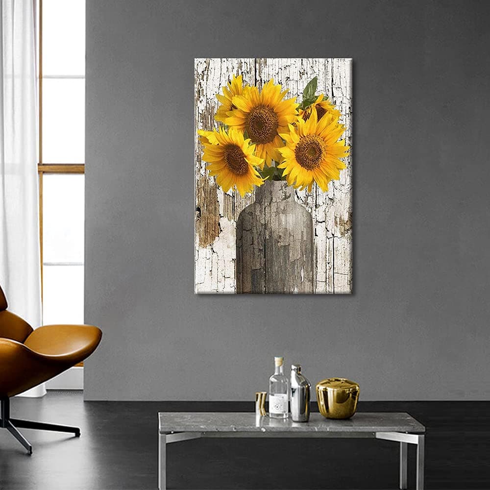 TISHIRON Wall Art Prints Yellow Sunflower in Vase with Frame 24"x16" Canvas Painting Artwork Home Decor Ready to Hang for Bedroom Livingrong Kids Gift — view 5