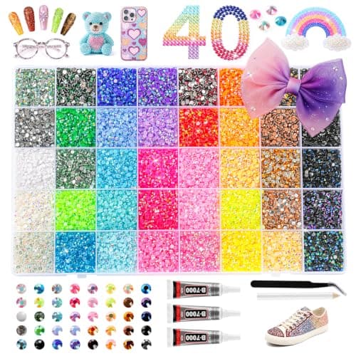 40000Pcs 40 Colors Resin Jelly Rhinestones Kit, 3mm Flatback Rhinestones with 3Pcs B7000 Jewelry Glue & Tools, Bedazzler Kit with Rhinestones, All-in-One Bedazzling Kit for DIY Arts & Crafts Gifts