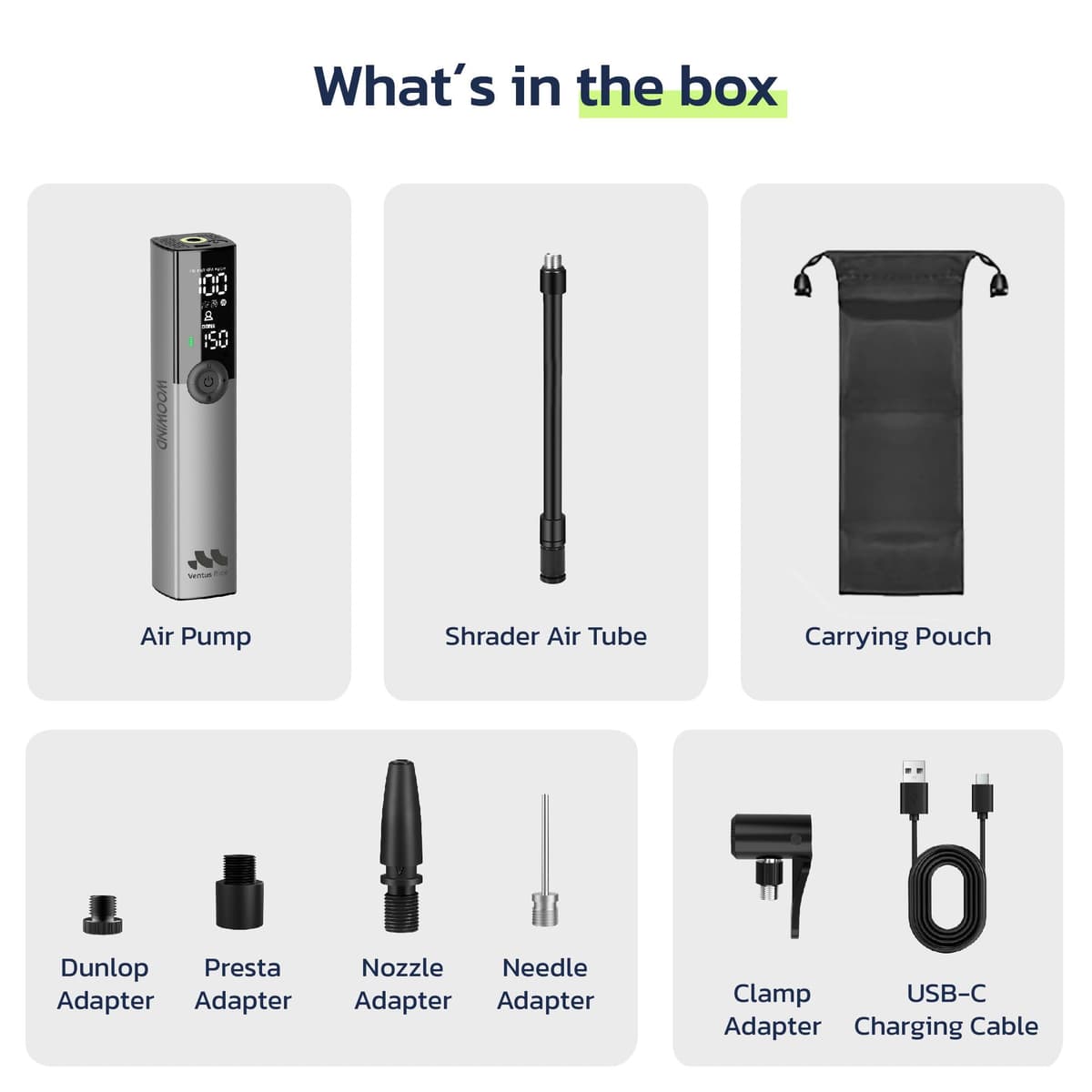 Woowind Ventus Ride Electric Bike Pump, 150PSI / 10.3Bar Tyre Pump, 1 Minute Inflation, Portable Air Pump with Presta, Schrader, and Dunlop Valve for Road, Mountain & E-Bike, with Auto Shut-Off — view 8