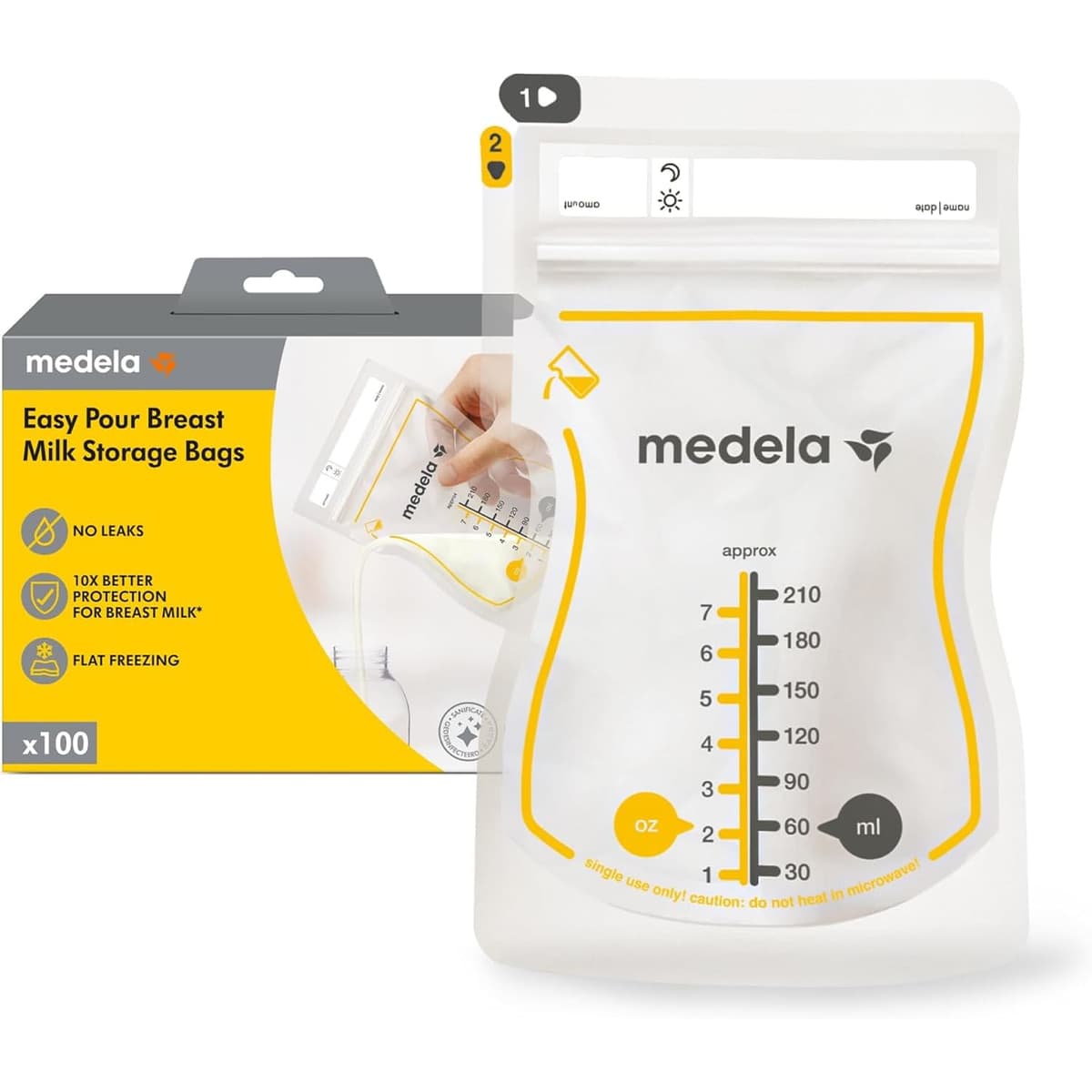 Medela Easy Pour Disposable Breastmilk Storage Bags, 210 ml Capacity, Leakproof Design with Milk Protection, Made Without BPA, Pack of 100
