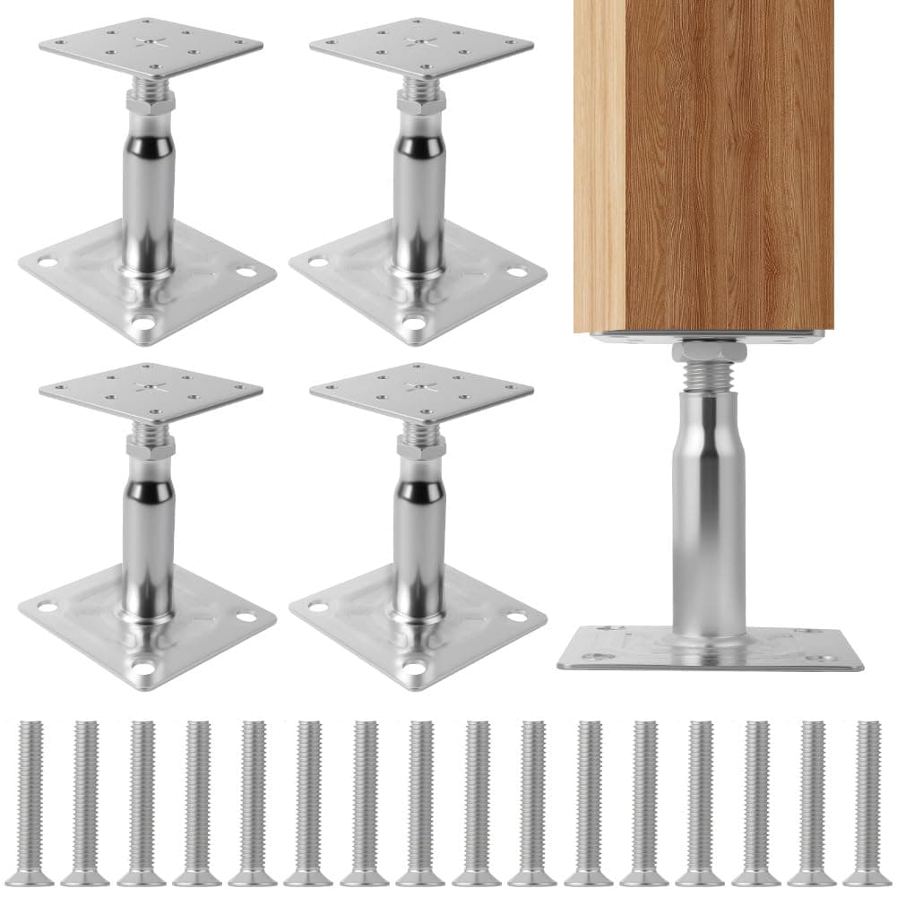 4PCS Adjustable Elevated Post Base Support, 100-150mm Galvanised Adjustable Elevated Post Base Support, Height Adjustables Elevate Post Bases Supports for Pergolas, Awning Supports, Balconies