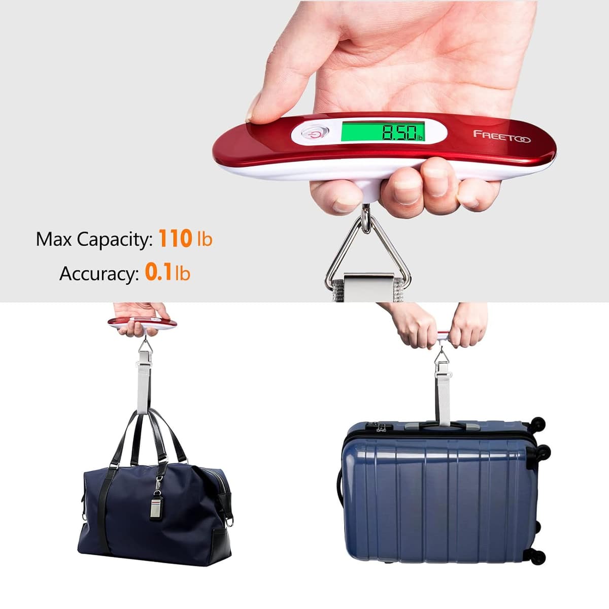 FREETOO Luggage Scale Portable Digital Weight Scale for Travel Suitcase Weigher with Tare Function 110 Lb/ 50Kg Capacity Red