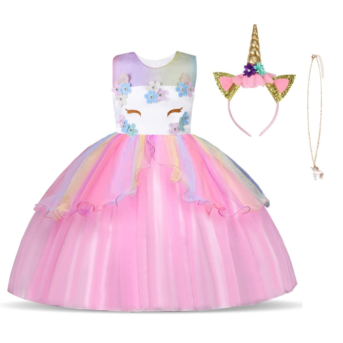 URAQT Disfraz Unicornio Niña, 3pcs Vestido Princesa con Diadema y Collar para Diario, Cosplay, Halloween, Carnaval, Fiesta, Boda, Cumpleaños