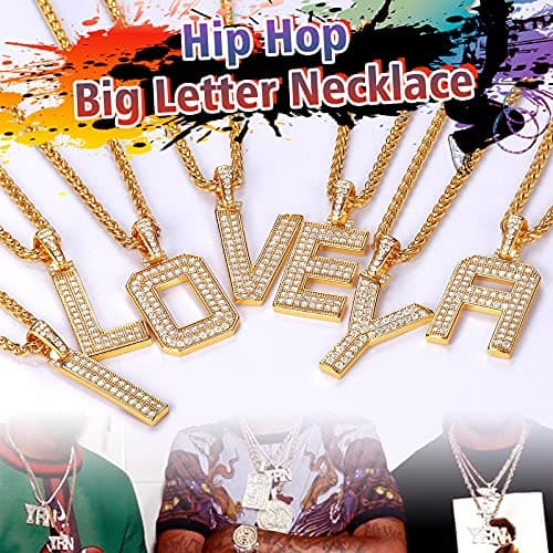 FindChic Bling CZ Bold Letter W Necklace For Men&Women Hip Hop Iced out 18K Gold Plated Custom Name Large Initial Pendant Personalized Jewelry for Rapper Boys 22inch Wheat Chain — view 4
