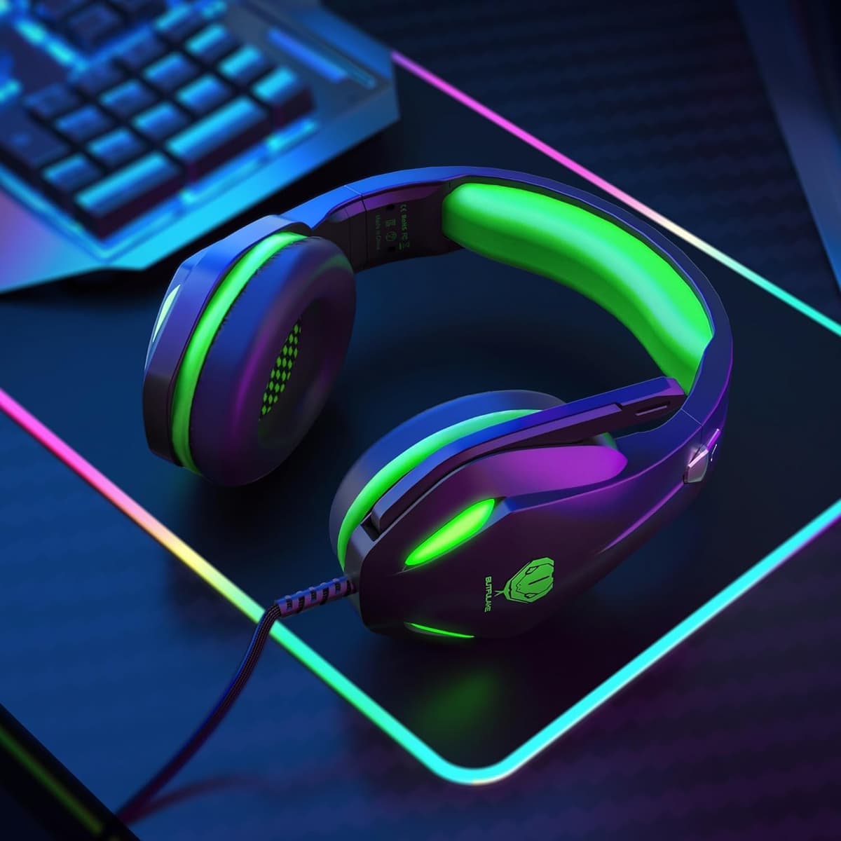 Gaming Headset with Microphone for Xbox PS5 PS4 PC - 3.5mm Jack Wired Headphones with Noise Cancelling Mic & LED - 50mm Audio Drivers & Soft Earpads Black Green — view 5