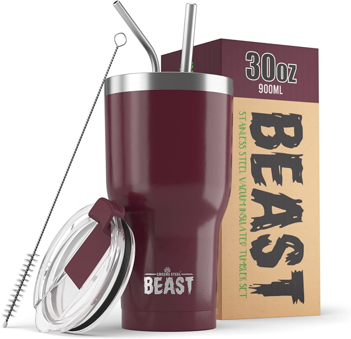 Greens Steel Beast Tumbler – 550 ml (20 oz), Coral | Vaso de acero inoxidable reutilizable con aislamiento al vacío | con 2 pajitas y cepillo de limpieza | Termo de viaje de doble pared — view 68