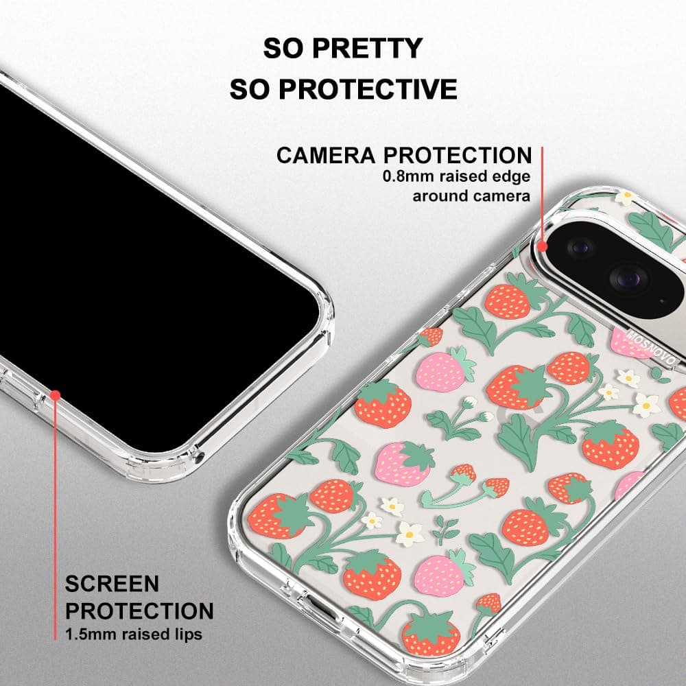MOSNOVO Case for Google Pixel 9 & Pixel 9 Pro, [Buffertech 6.6ft Military-Grade Drop Protection] [Anti Peel Off Tech] Clear TPU Bumper Phone Case Cover Design - Strawberry Garden — view 5