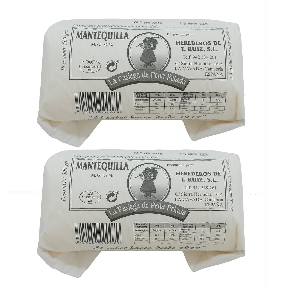 LA PASIEGA DE PEÑA PELADA Mantequilla Artesanal, PACK DE 2 Rulos de 500 gr (aprox) en Papel Sulfurizado, 82% Materia Grasa, Sabor Tradicional y Natural - Origen Cantabria