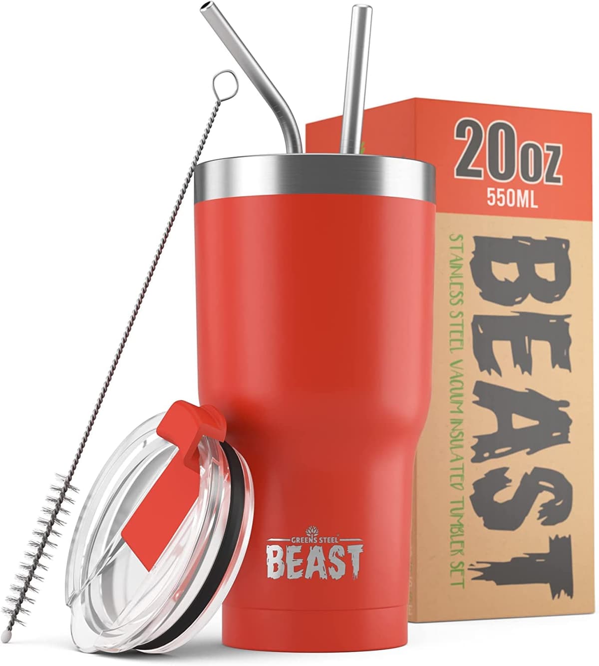 Greens Steel Beast Tumbler – 550 ml (20 oz), Coral | Vaso de acero inoxidable reutilizable con aislamiento al vacío | con 2 pajitas y cepillo de limpieza | Termo de viaje de doble pared — view 39