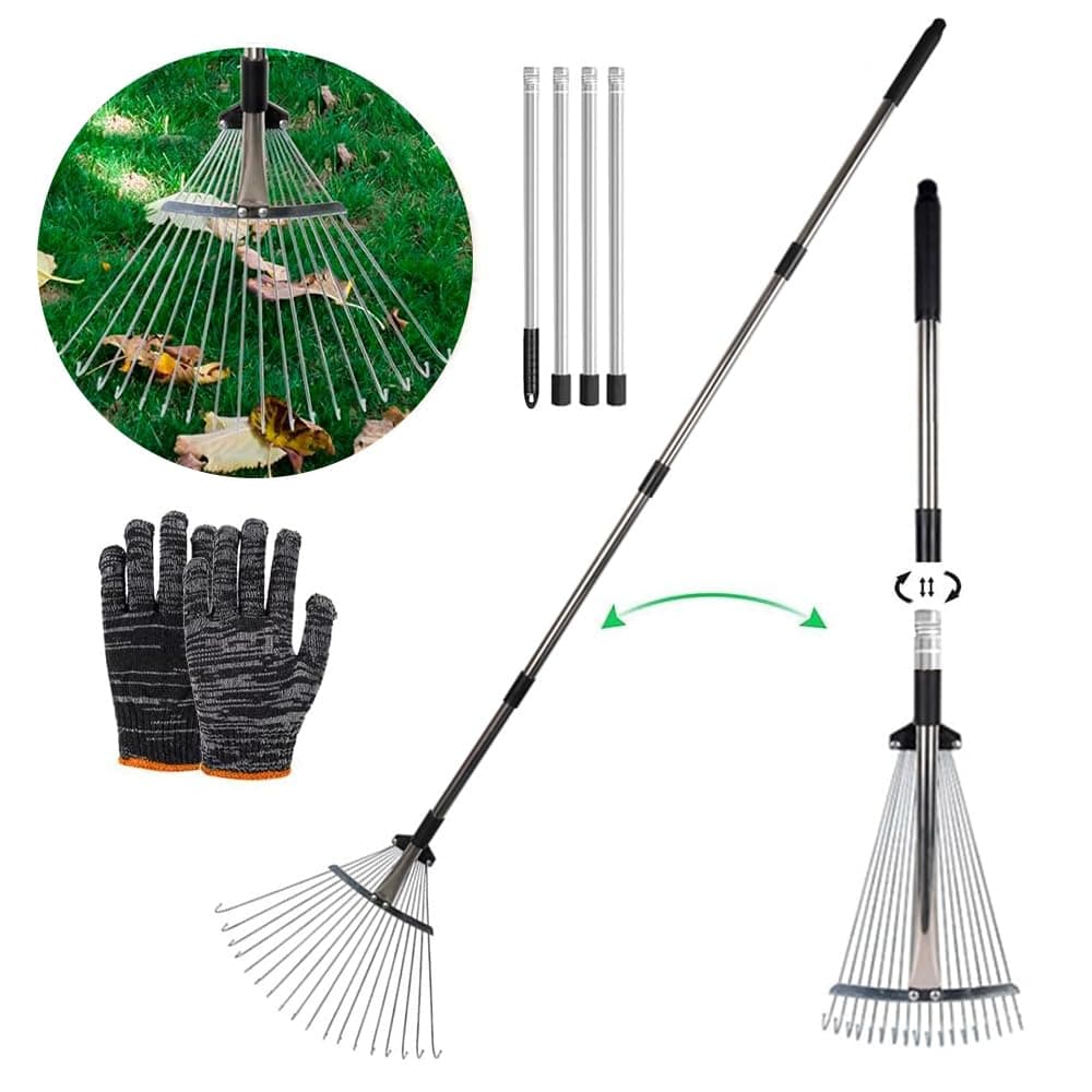 Adjustable Leaf Rake with 215 cm Handle, Adjustable Leaf Rake, Garden Rake with Handle for Leaves, Rake for Cleaning Plants, Lawn and Patio — view 8