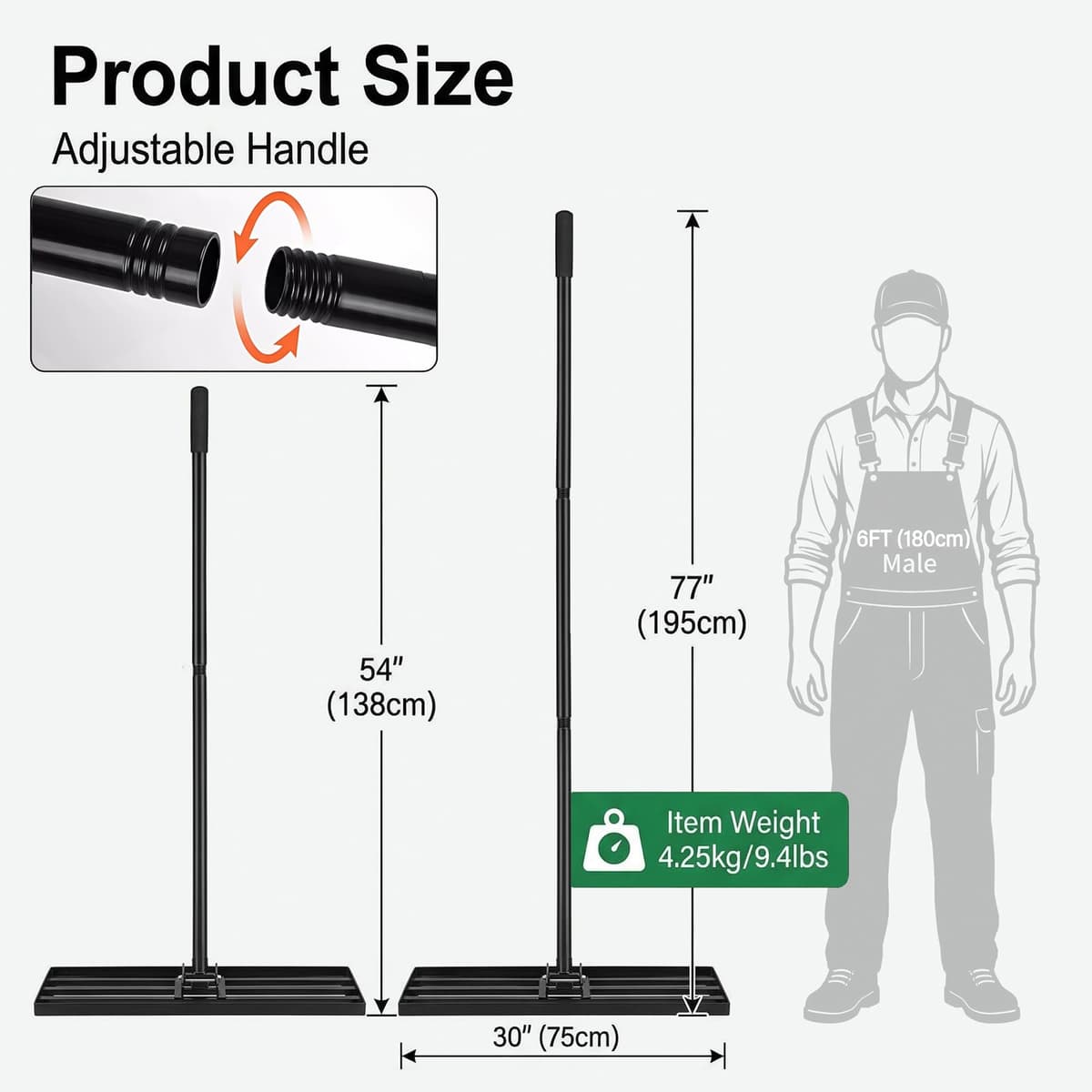 Lawn Levelling Rake, 76cm x 25cm Heavy Duty Metal Leveller with 200cm Ergonomic Long Handle, Gardening Tool for Smoothing and Leveling Uneven Lawn Surfaces Levleler — view 2