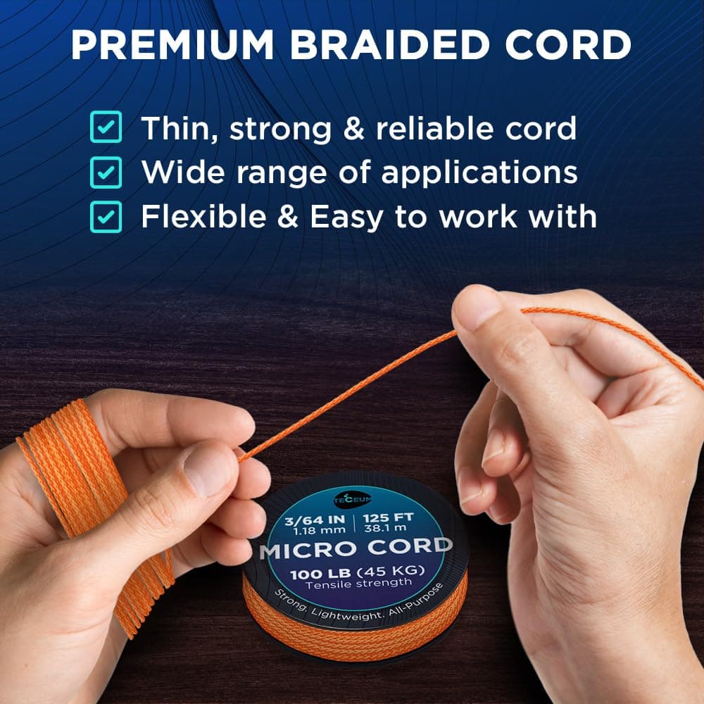 Micro Paracord: 1.18 mm de Grosor. Color: Naranja (Orange). Longitud - 38.1 m (125 ft). Resistencia a la tracción: 45.35 kg. Delgado, Ligero y Fuerte. Viene en una Bobina compacta y Conveniente — view 3