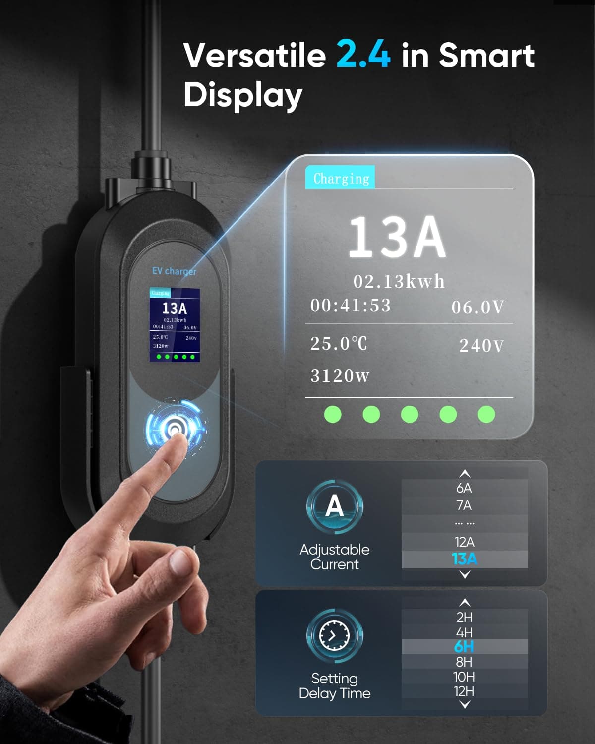 EV Charger Cable Type 2 to 3 Pin Plug 8M/26.25Ft, Max 3.3kW [6-13A] Electric Car Charger, Portable Car Type 2 Charging Cable 3 Pin with 2.4″ LED Screen, 12H Timing Delay, IP67/IP65 for EVs & PHEVs — view 3