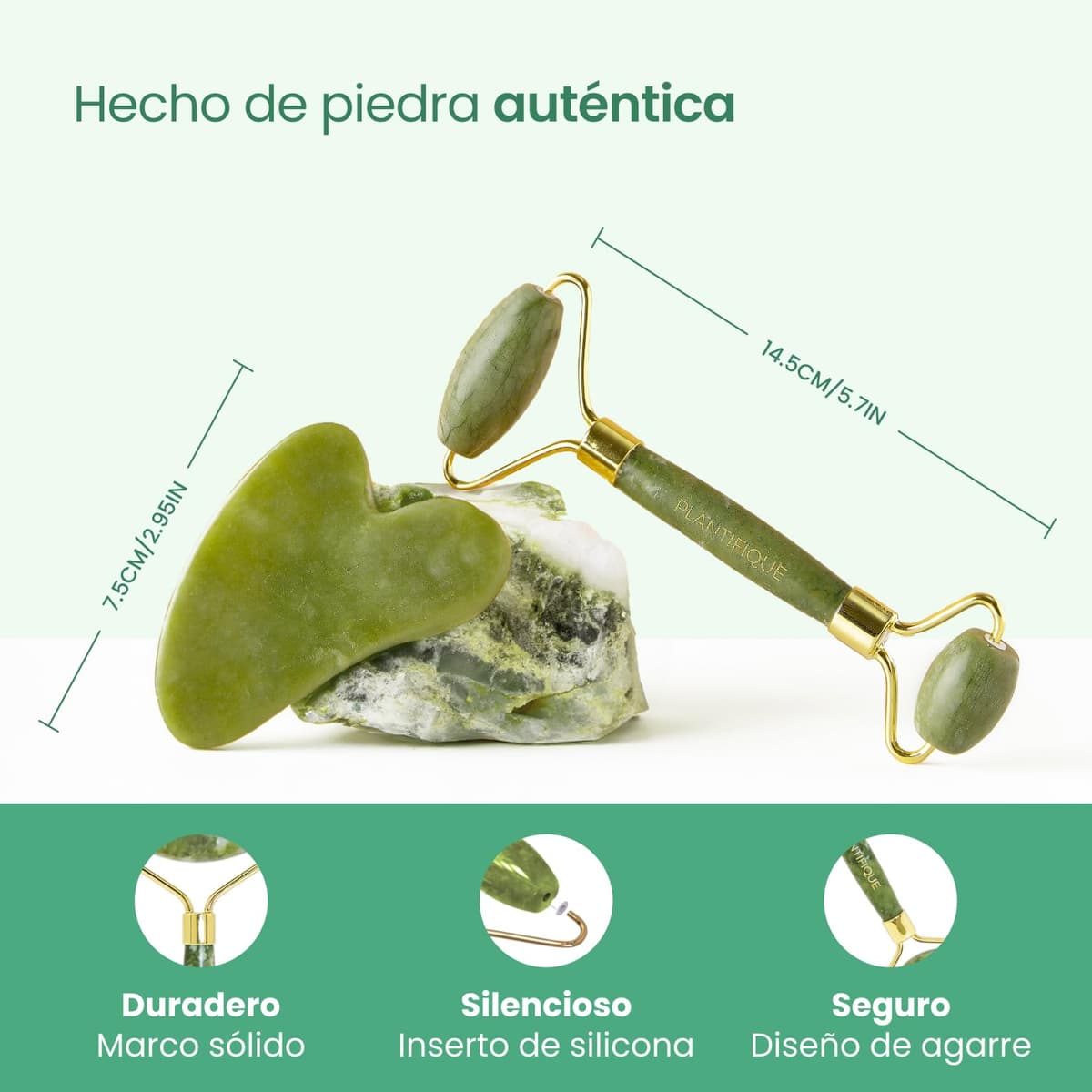 PLANTIFIQUE Gua Sha y Rodillo Facial de Jade - Masajeador Facial Antiarrugas para Tonificar la Piel - Face Roller - Rodillo Masaje y Guasha de Piedra Jade Auténtico — view 5