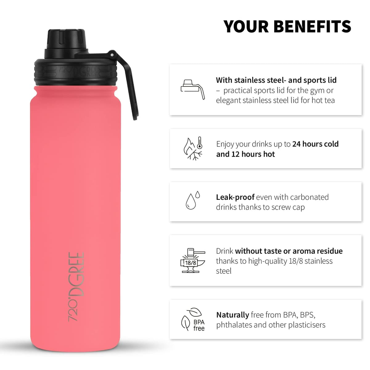 720°DGREE Botella Agua Termo Acero Inoxidable “noLimit“ – 410ml, 530ml, 710ml, 950ml, 1200ml - Sin BPA Free, Antigoteo y Prueba de Fugas - Frasco térmico, Cantimplora Aislada +Cubierta Deportes Gratis — view 2